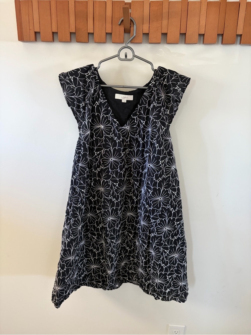 LOFT Black Floral V-Neck Cap Sleeve Mini Dress